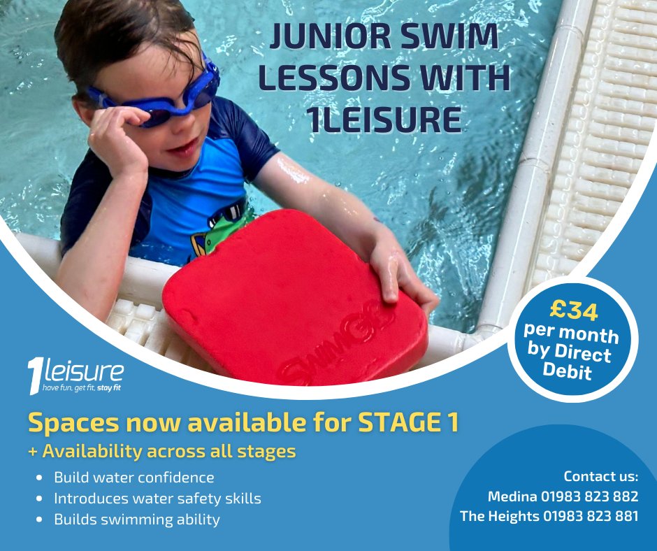 Learn to Swim with 1Leisure’s Junior swim lessons. We have availability across all our stages, but especially Stage 1 swim lessons. Get in contact to find out more The Heights (01983 823 881) or Medina (01983 823 882). #1Leisure #SwimLessons #WaterSafety #learntoswim