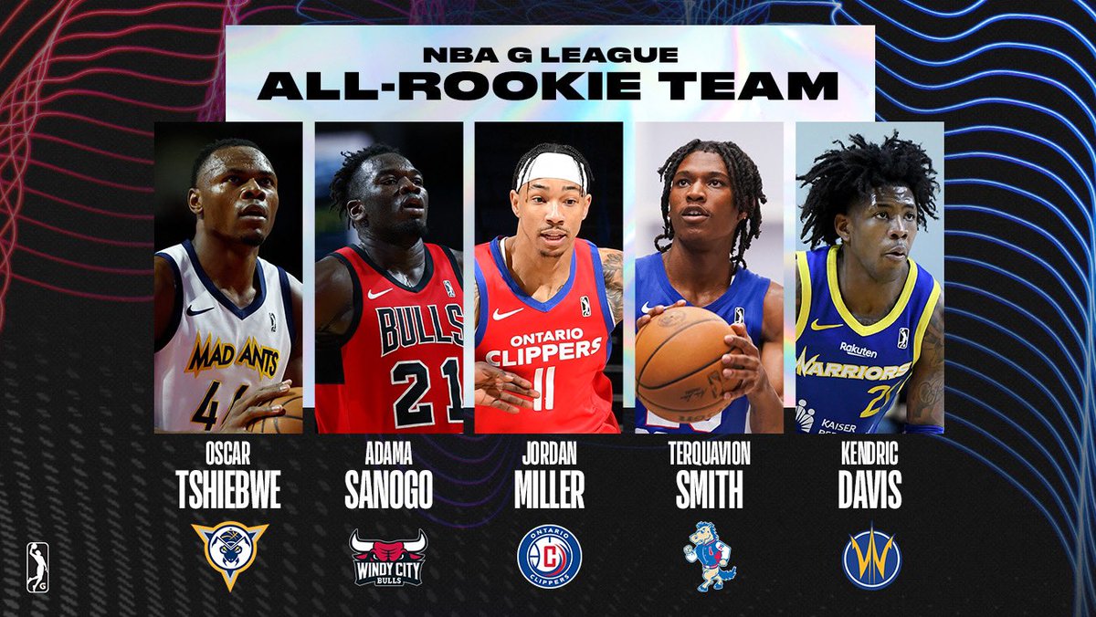 Your 2023-24 NBA G League All-Rookie Team 🏆 Oscar Tshiebwe, @TheMadAnts 🏆 Adama Sanogo, @windycitybulls 🏆 Jordan Miller, @OntClippers 🏆 Terquavion Smith, @blue_coats 🏆 Kendric Davis, @GLeagueWarriors