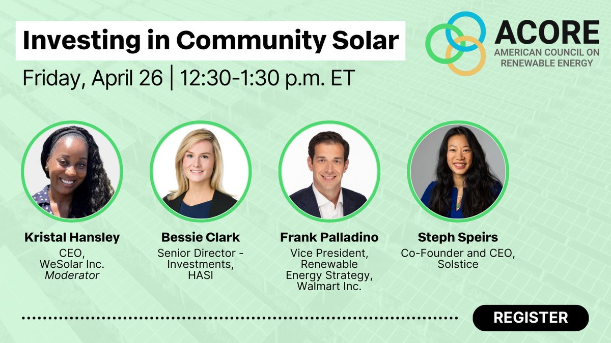 Join us for a webinar on investing in #CommunitySolar! ☀️

Expert speakers from @WeSolar_Energy, @HASI_Inc, @Walmart, and @solarforgood will examine financing considerations, opportunities, and challenges in the community solar sector.

➡️ acore-org.zoom.us/webinar/regist…