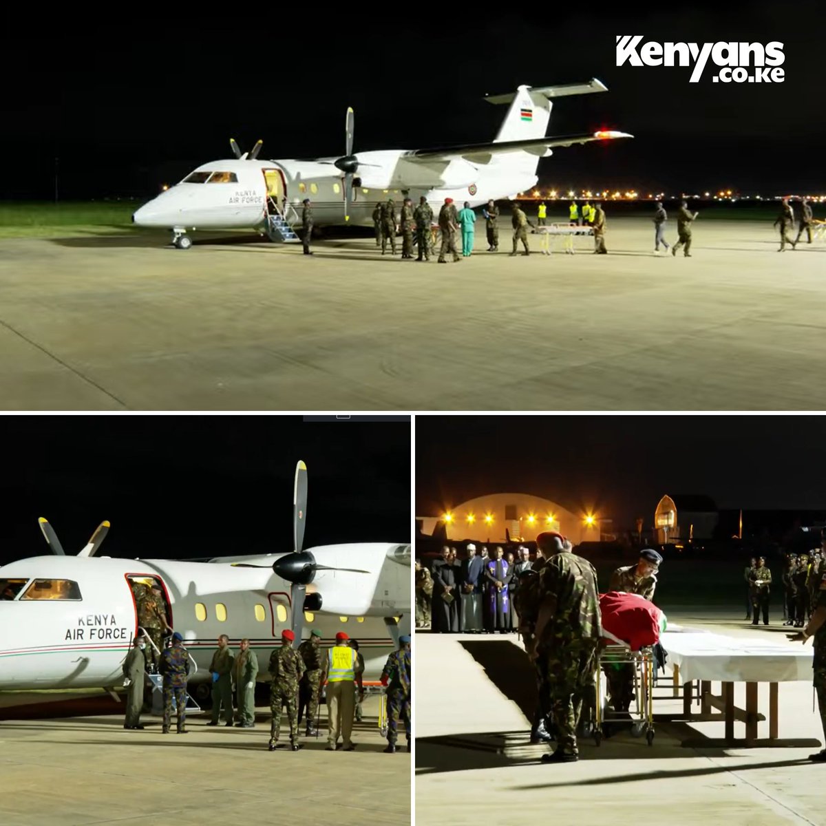 The remains of CDF Francis Ogolla and other casualties of the KDF chopper crash arrive in Nairobi