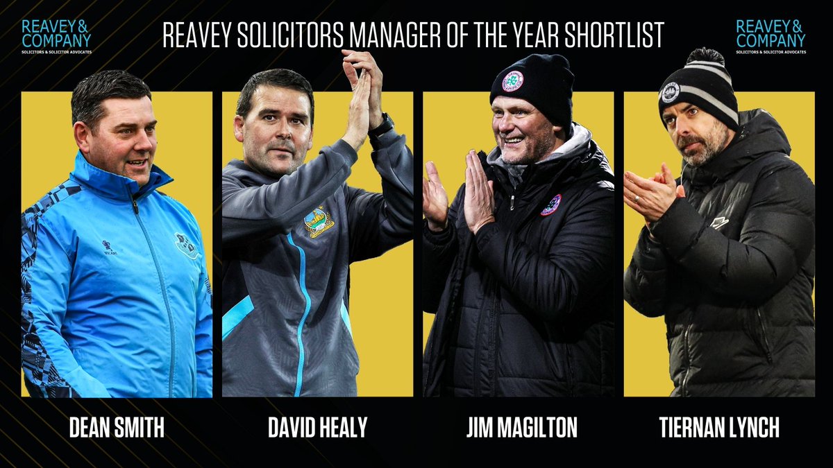 The Reavey's Solicitors Manager of the Year is a four-way battle between Linfield's David Healy, Larne's Tiernan Lynch, Cliftonville's Jim Magilton and Loughgall boss Dean Smith