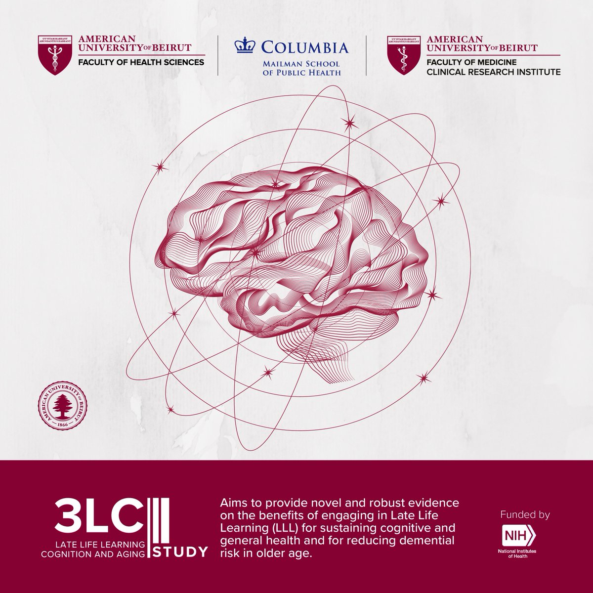 With a team of researchers from @fhs_aub, @CRI_AUBMC & @columbia, the @3LCStudy_AUB is exploring the benefits of Late Life Learning on cognitive health & dementia risk reduction in older adults. Stay tuned! @martinebejjani  @abla_sibai @AdinaHazzouri @hana__orabi @Larachehabedine