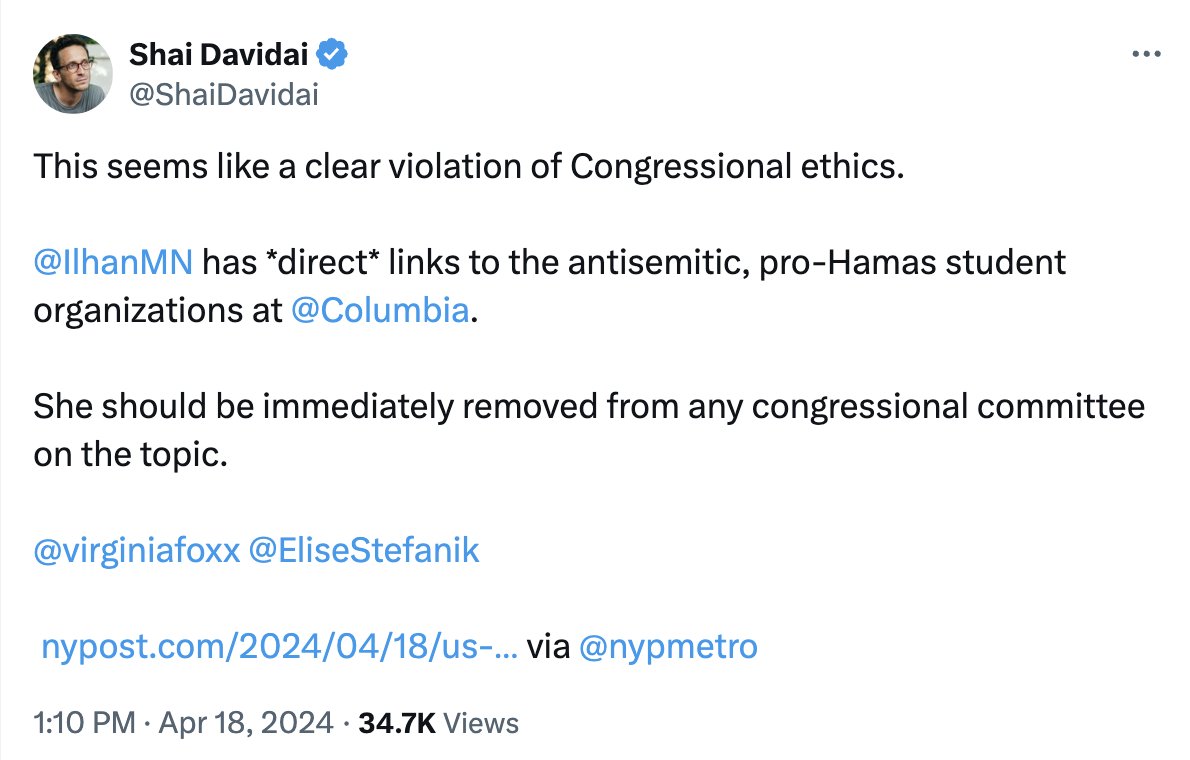 Columbia Prof. Shai Davidai suggests Ilhan Omar's daughter Isra Hirsi—suspended for being at a protest calling for divestment from an apartheid-committing government—is part of 'antisemitic, pro-Hamas' groups. Davidai is under investigation for harassment, facing 50+ complaints.