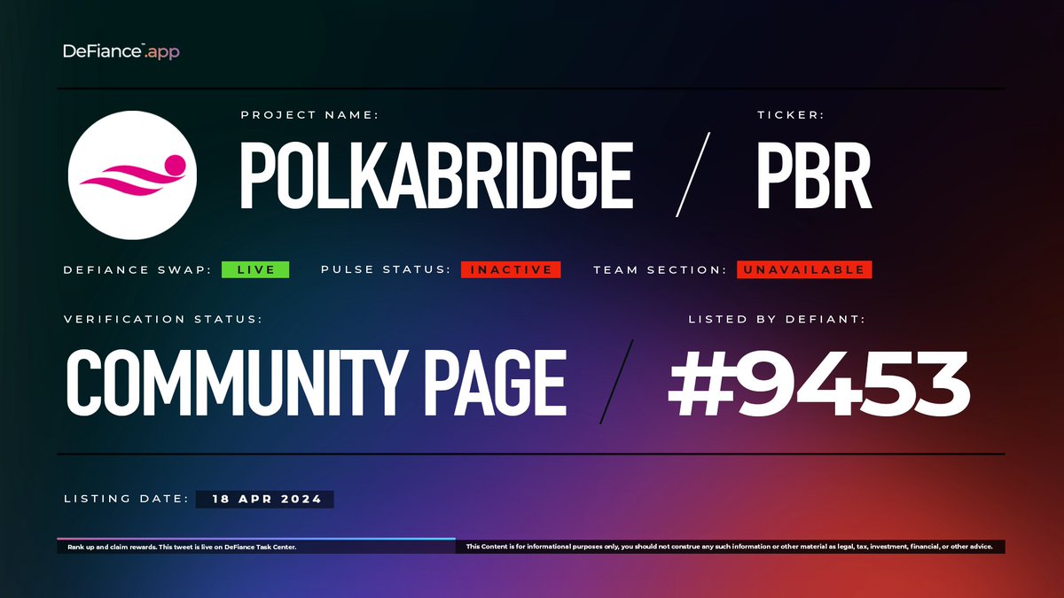 .@realpolkabridge community page is now live on DeFiance.app/project/PolkaB…. 

$PBR is now listed on #DeFianceSwap. 

PolkaBridge is a decentralized cross-chain protocol designed to act as the primary bridge between Polkadot and other blockchains. 

Learn more at: