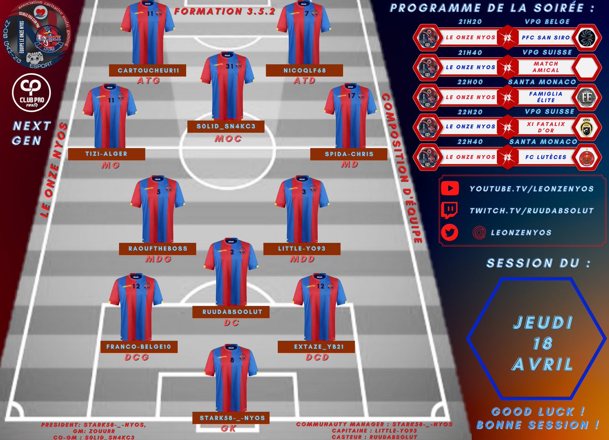 Bonsoir amis supporters

Voici notre 11 de ce soir ainsi que notre programme.

Bonne session a tous !