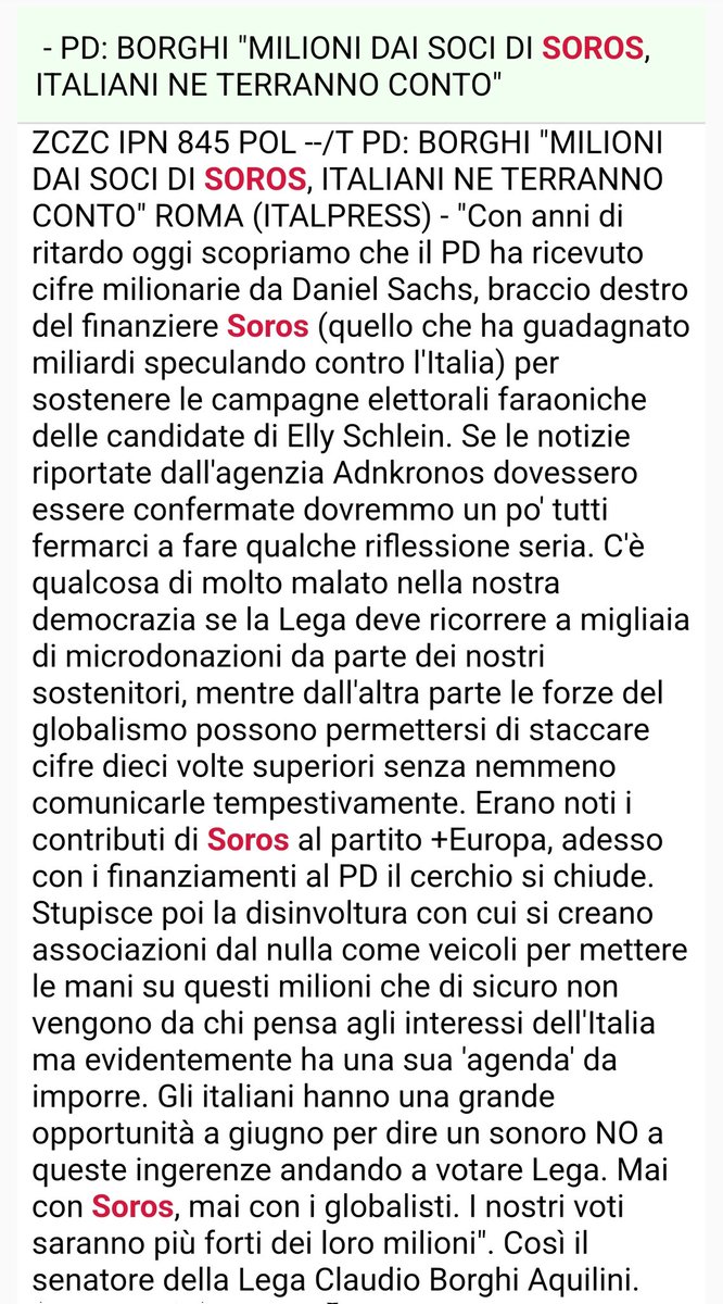 A Giugno avrete la possibilità di dare la risposta migliore a Soros e ai suoi milioni dati al PD.