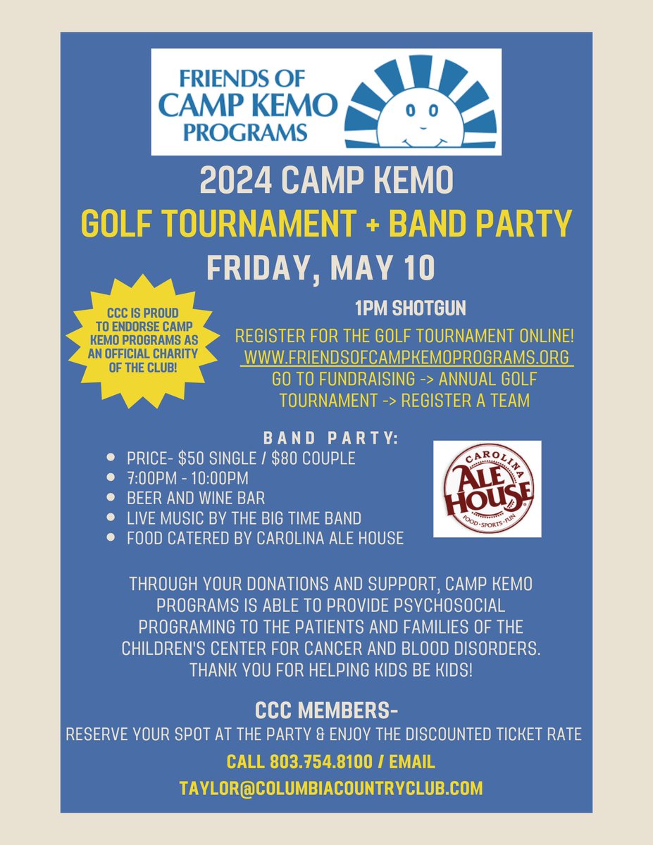 It's time to sign up for the annual Camp Kemo Golf Tournament & Band Party!  Don't forget... ticket sales for members are discounted!