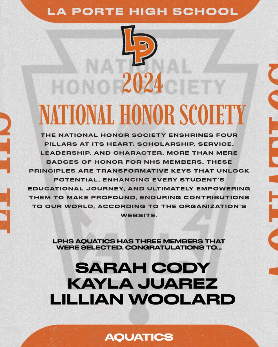 LPHSAquatics's tweet image. La Porte High School celebrated the induction of 109 new members to the National Honor Society. LPHS Aquatics had three members! Congratulations to Sarah Cody, Kayla Juarez, and Lillian Woolard! #StartStrong #FinishStronger @lpisd @LPISDAthletics @LaPorteTXHS @RecruitLP