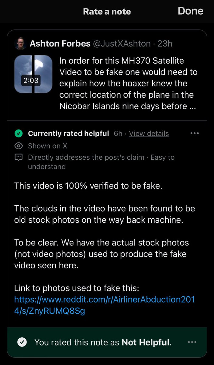 @JustXAshton @CommunityNotes @elonmusk Does this help? I rated Not Helpful because to dismiss the entirety of what is DISCLOSED with this video because of a thing as innocuous as a cloud is to GROSSLY DISTORT THE DISCLOSURE the Video Represents.

All implications that come from the footage, are MemoryHole’d because ☁️