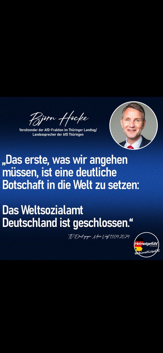 @callidus_homo Das ist alles zu 100 % gesetzeskonform und durchweg zu befürworten. 👍💙
#BjörnHöcke
#Thüringen
#Landesvater
#DeutschlandAberNormal
#DeutschlandImmmerZuerst
#NurNochAfD