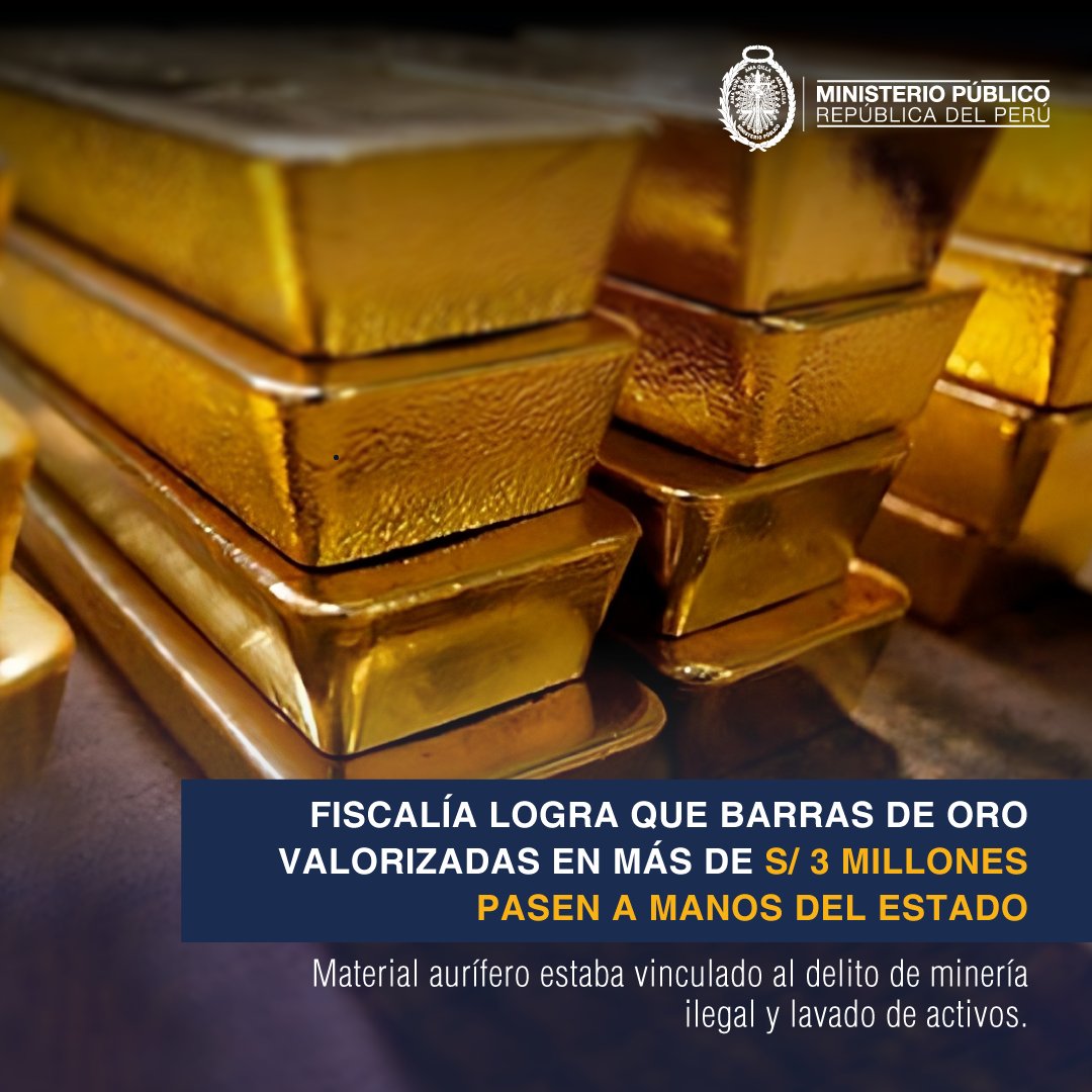 📢 Fiscalía Superior Especializada en Extinción de Dominio de #Lima logró que tres barras de oro valorizadas en S/ 3 596 390, y relacionadas con la actividad ilícita de minería ilegal y lavado de activos, sean reintegradas al erario público. 👉🏽 Más info: gob.pe/es/n/940031
