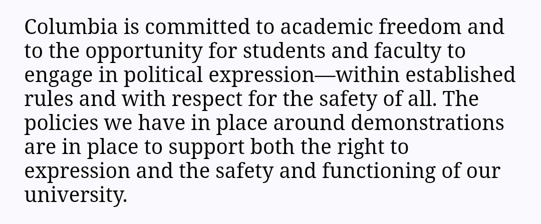 'Columbia is committed to academic freedom...by which I mean Columbia Corp's freedom to invest in a state that has destroyed every single university in Gaza and arrested a Hebrew University prof for speaking out against the genocide and the decades-long occupation preceding it'