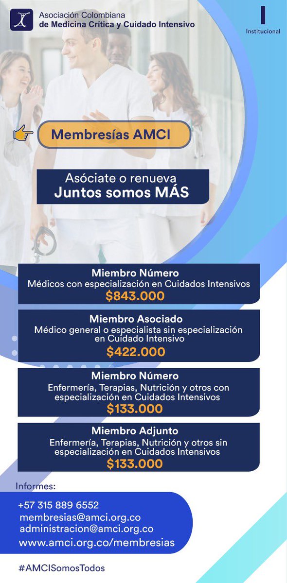 A nuestra #ComunidadAMCI los invitamos a asociarse o renovar. Recuerden que Juntos somos más. Convocamos a todos los grupos de #cuidadointensivo del país. #AMCISomosTodos amci.org.co/membresias/