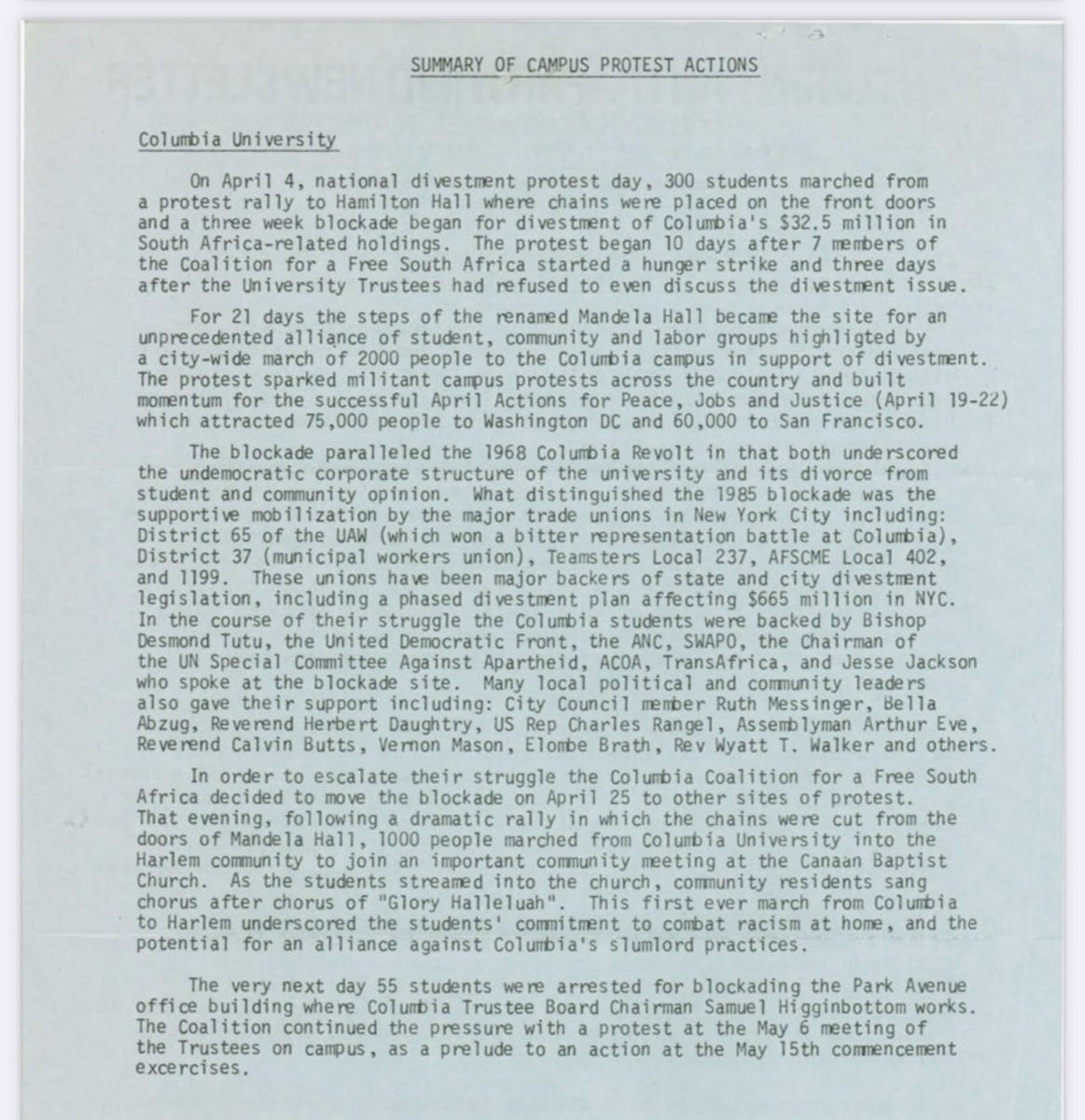 columbia’s students against apartheid were right in 1985 and the students against the genocide in gaza are right today. the university responded the same way both times: mass arrests africanactivist.msu.edu/recordFiles/21…