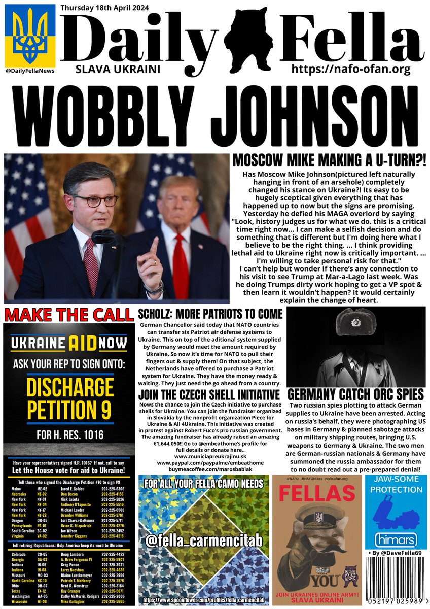 It’s Daily Fella time. Read about #MoscowMikeJohnson potentially making a U-Turn, Germany catching russian spies & can NATO supply more Patriots?

#MakeTheCall keep the pressure on so if Johnson stalls again we can be ready.

#DailyFella #DailyFellaNews #SlavaUkraini #NAFO