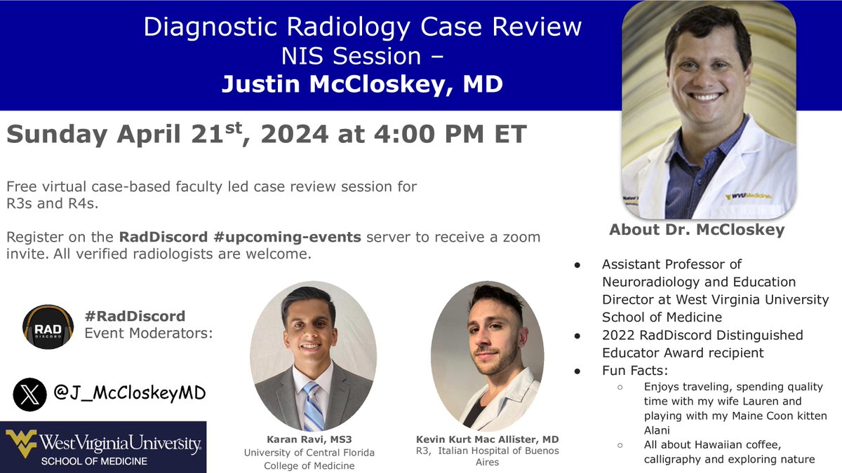 NIS Review Session Dr. Justin McCloskey @J_McCloskeyMD @wvuradres @WVURNI @wvumedicine Sat Apr 21st, 2024 4PM ET @DrOverfieldMD @totallyskates @garciapiresmd @FatimaElahi21 @DrCamHenry @MarcusKonner @Rads_is_rad @DavidLPayneMD @yiaimerose @JosephGeorgeAy