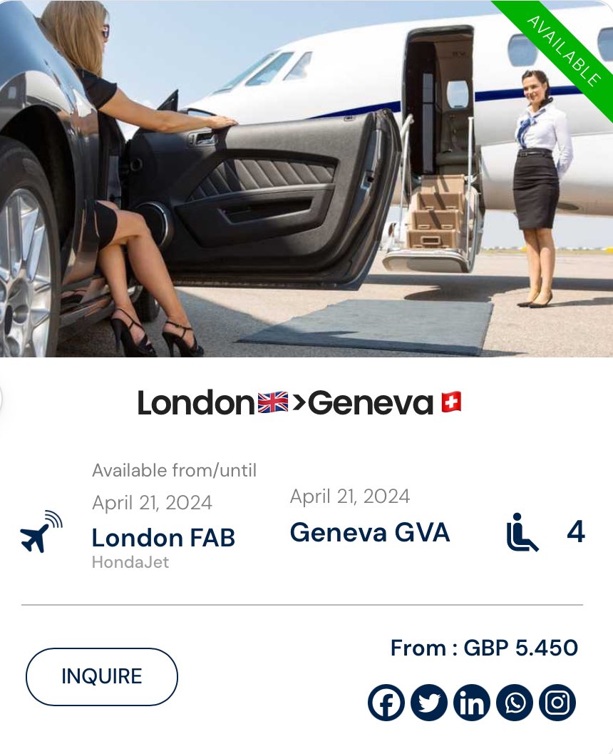 ⚠️ PRIVATE JET DEAL ⚠️
London🇬🇧>Geneva🇨🇭
21 APR 2024
t.ly/6KCUA

#PrivateJetDeals #privatejet #jetcharter #JetSetLife #LuxuryTravelDeals #emptyleg #Zurich #geneva #sion #switserland #swiss #lausanne #suissse #bern #basel #scheiwz #travel #luxury #business #London