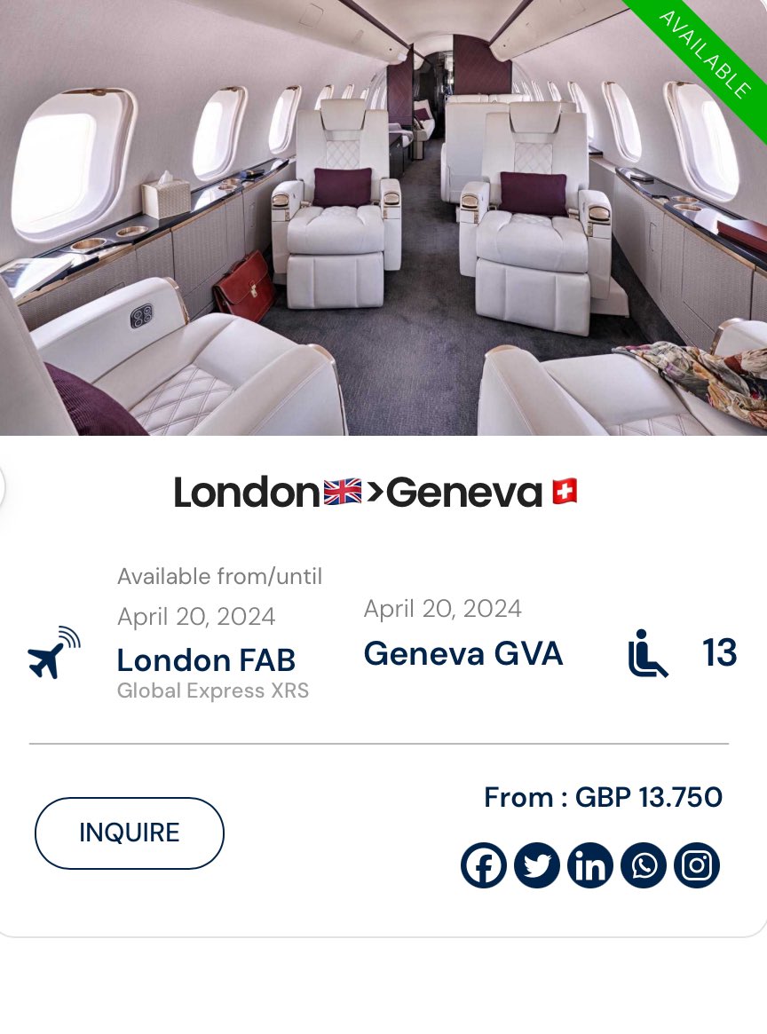 ⚠️ PRIVATE JET DEAL ⚠️
London🇬🇧>Geneva🇨🇭
20 APR 2024
t.ly/6KCUA

#PrivateJetDeals #privatejet #jetcharter #LastMinuteJet #JetSetLife #emptyleg #follow #Zurich #geneva #sion #switserland #swiss #lausanne #suissse #bern #basel #scheiwz #travel #luxury #business #London