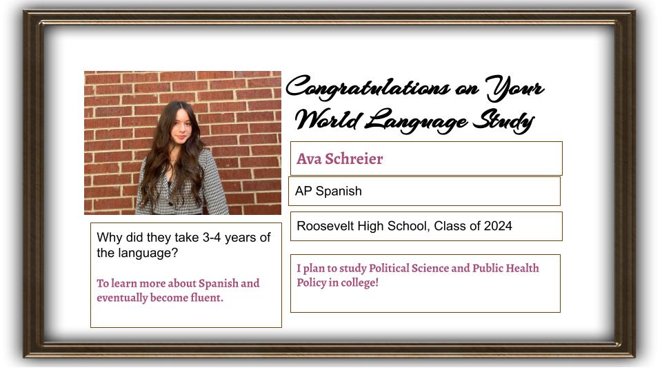 Many Congratulations to @WeAreTRHS Senior, Ava Schreier, on your accomplishments in your Spanish coursework!