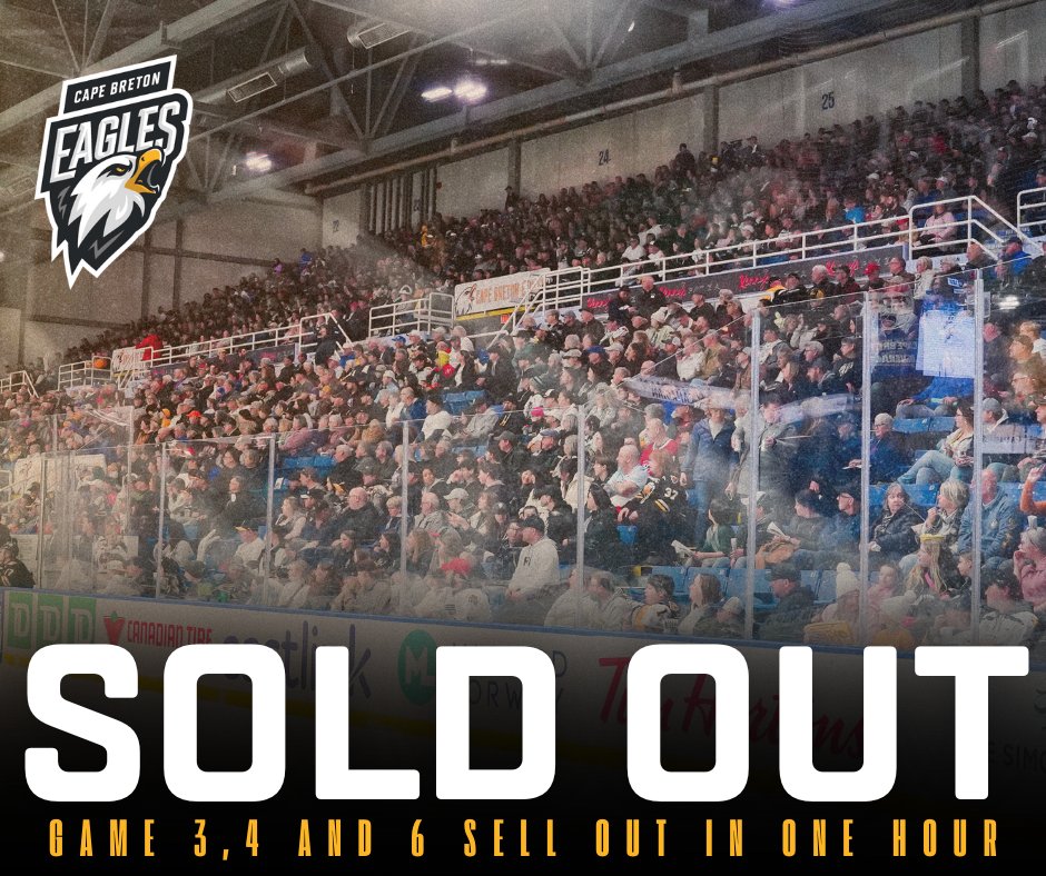 CBEHockey's tweet photo. WE ARE OFFICIALLY SOLD OUT FOR ALL THREE SCHEDULED HOME GAMES IN THE THIRD ROUND !
Additional seating for each game may become available prior to puck drop on April 29th so keep an eye on the Eagles social media for upcoming announcements.
Thank you Eagles fans!
#WeFlyTogether https://t.co/0gtHP8Cw1y