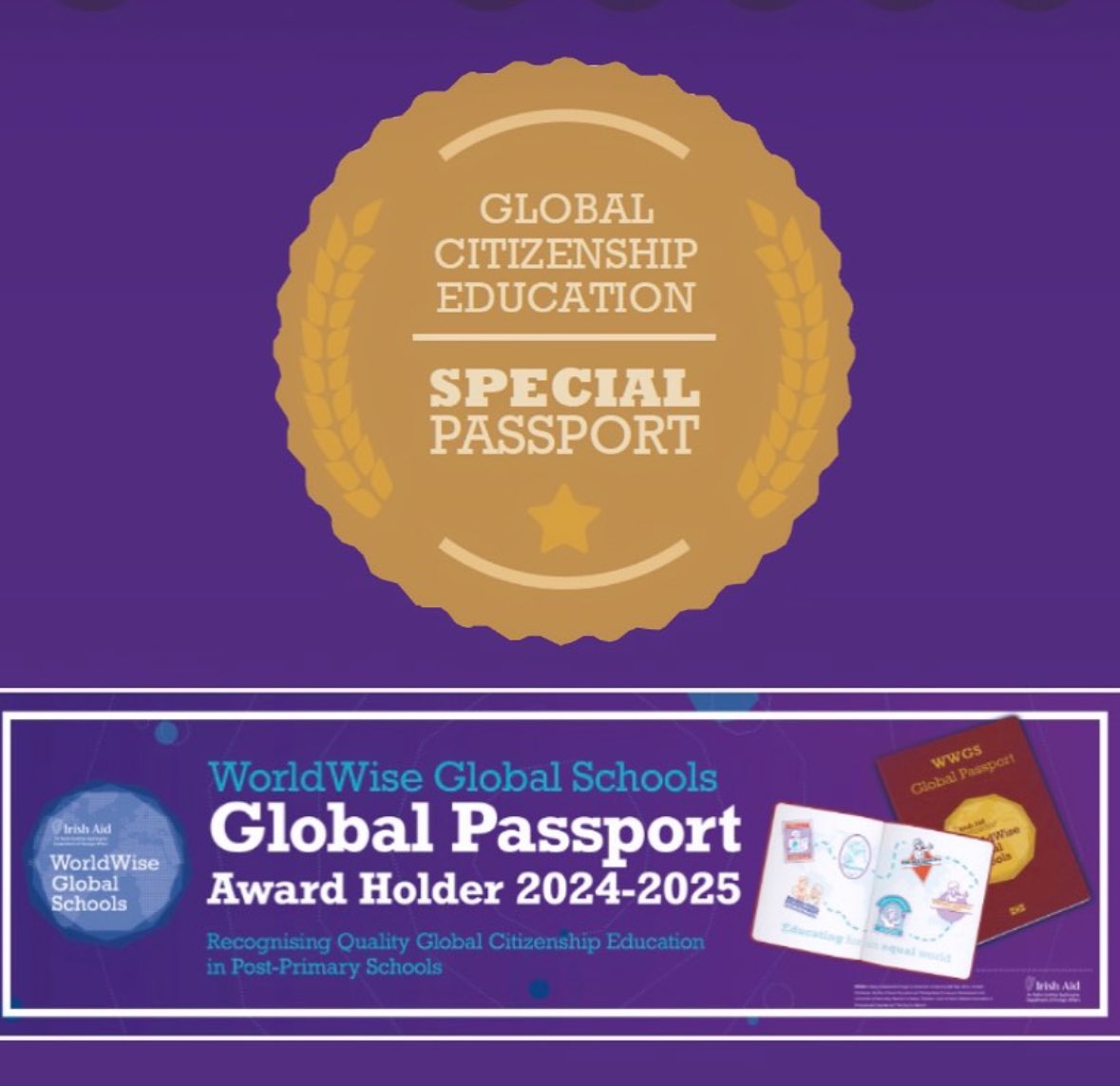 Feeling proud @galwayetss having just been awarded the @WorldWise_Irl Global Citizenship Education Special Passport. This is awarded to schools for their exceptional engagement with GCE. #globalcitizenshipeducation @EducateTogether
