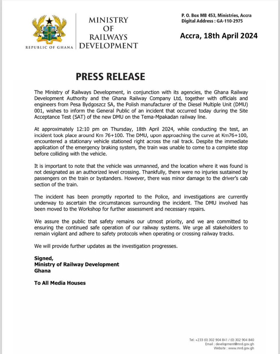 PRESS RELEASE: The facts about the Train Accident that occurred Today.