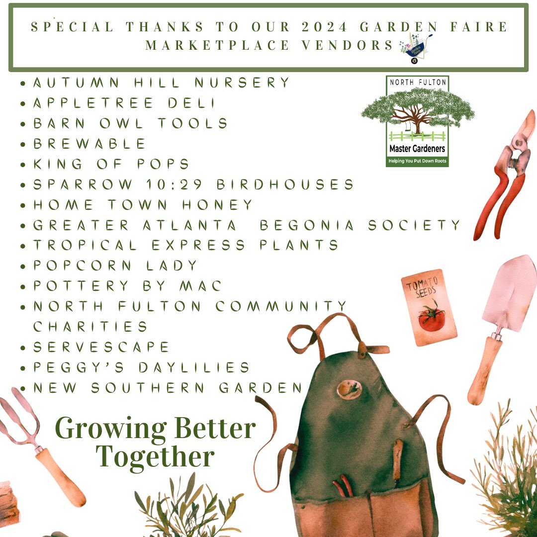 Please support our vendors, both #horticultural and food &amp; beverage, at the #Garden Faire! We're excited to have them!
Garden Faire 2024 is happening on Saturday, April 20, 2024 from 9:00 am to 3:00 pm at The Grove at Wills Park in Alpharetta -175 Roswell St, Alpharetta, GA 30009