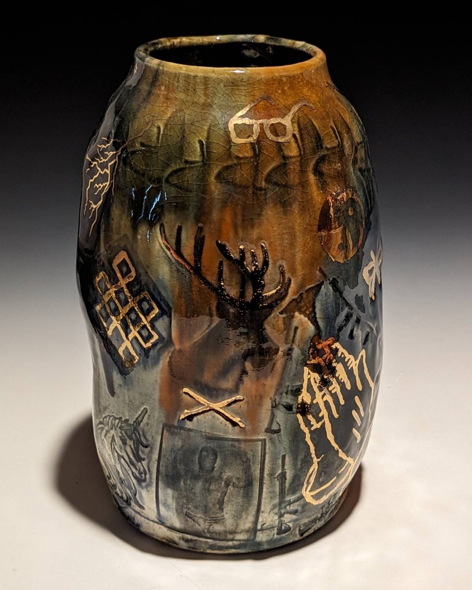 Ceramic vase, wheel thrown with underglaze, glaze, and gold and silver luster.  Fired to cone 7. Similar work available Visions West Contemporary Art Gallery in Bozeman &amp; Livingston, MT.  Faust Gallery in Santa Fe.  Parsonage Gallery in Searsport, ME, Kirk's Grocery Billings MT.
