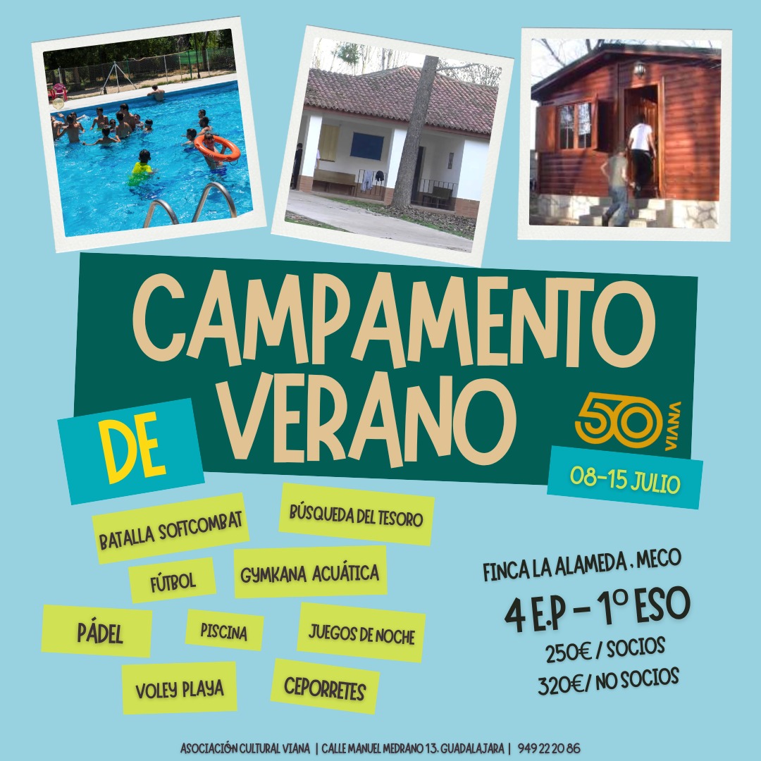 ClubViana's tweet photo. Ya tenemos el cartel informativo del Campamento de Verano!!!

- Del 8 al 15 de julio 
- En Meco 
- De 4º de Primaria a 1º de ESO 
- 250 € socios / 320 € no socios 
- Deporte, piscina, juegos de tarde, juegos de noche... https://t.co/e3XGoAgm83