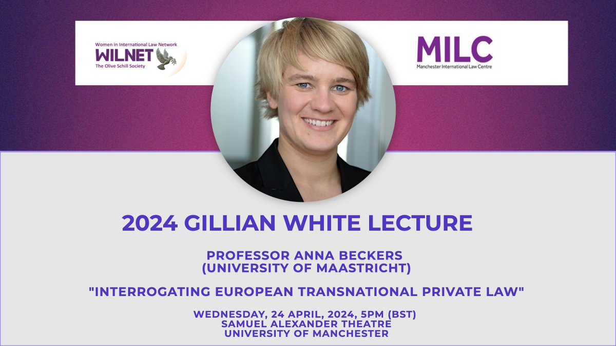 📣📣The Annual Gillian White Lecture, titled ‘Interrogating European Transnational Private Law ', will be delivered by the formidable Professor Anna Beckers at 17:00 on Wednesday 24th April. @A__Beckers @law_uom @WILNET_UoM Register to attend in-person: eventbrite.co.uk/e/interrogatin…