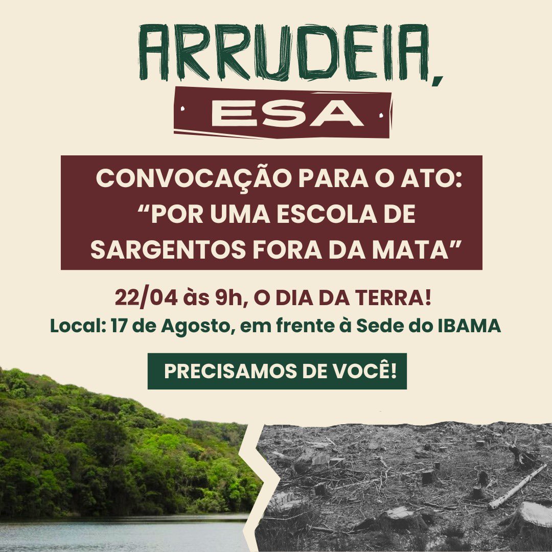 RedeMeuRecife's tweet photo. Convocação! No dia da terra, estaremos em frente à sede do IBAMA a partir das 9h para mostrar ao órgão que a sociedade está ao lado dele. Confiamos na lisura do IBAMA. O órgão é o único que poderá impedir que a Escola de Sargentos derrube 90 hectares de mata protegida! https://t.co/TYn9hKsAp5