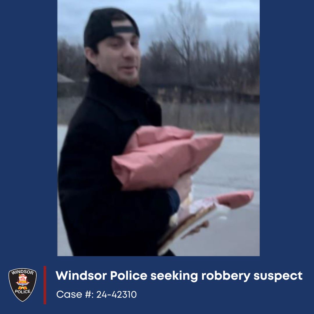 Case # 24-42310 Windsor Police seeking robbery suspect The Windsor Police Service is seeking the public’s assistance identifying a suspect wanted for robbery. The pictured suspect attended a market in the 2100 block of Huron Church and stole approximately $200 in items without…