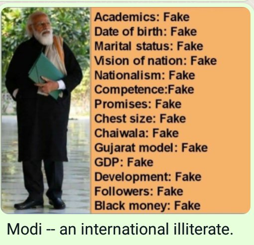 Educated literate people worshipping a narcissistic megalomaniac who is totally fake and utter failure !! 
Why?! 
Oh!! He presided over the Gujarat 2002 pogrom!! 
Do they have any shame left?! 
Thoo thoo thoo!!