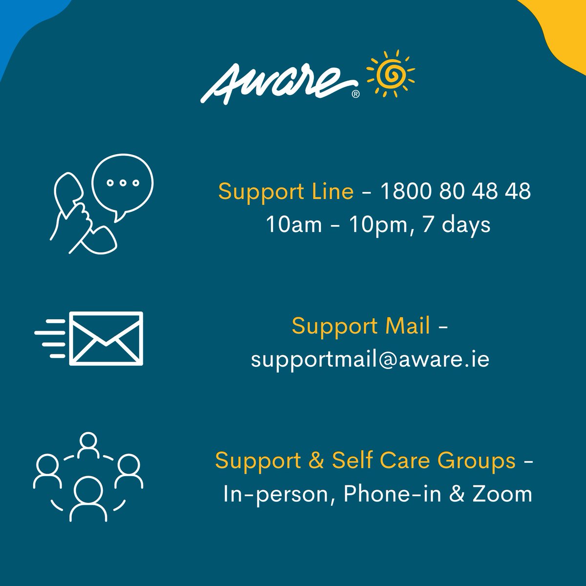 A reminder of our free support services. Don't forget that we're here for you if you need us 💛 ✅ aware.ie/support