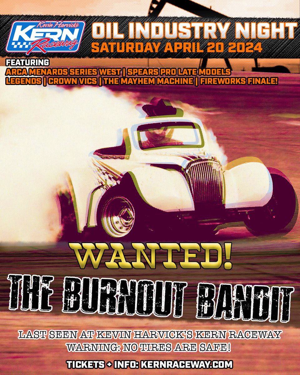 2 DAYS TO GO! | ATTENTION #KEVINHARVICKSKERNRACEWAY FANS! Be on the lookout this Saturday for the BURNOUT BANDIT! 

Rumor has it, he’s helping us kickoff OIL INDUSTRY NIGHT!
