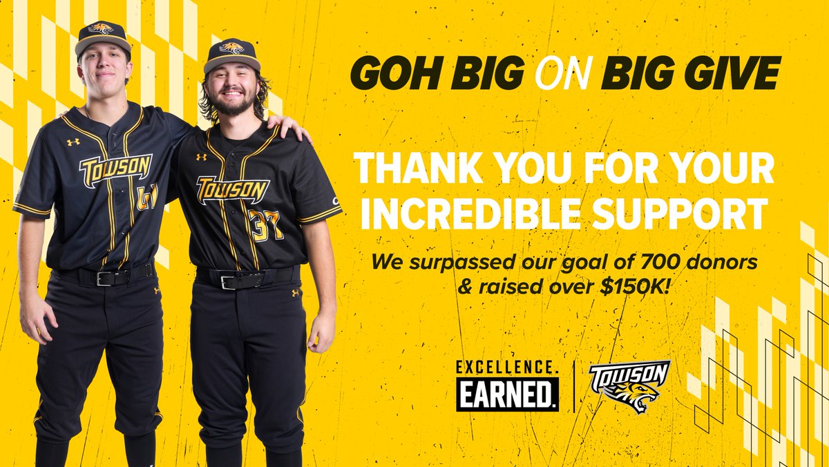 Tiger fans, we asked you to 'Goh Big on Big Give' and you more than delivered! When the final accounting is complete, Towson Athletics will have raised over $150,000 from more than 900 donors. Thank you for your incredible generosity and support! #TUBigGive #GohTigers