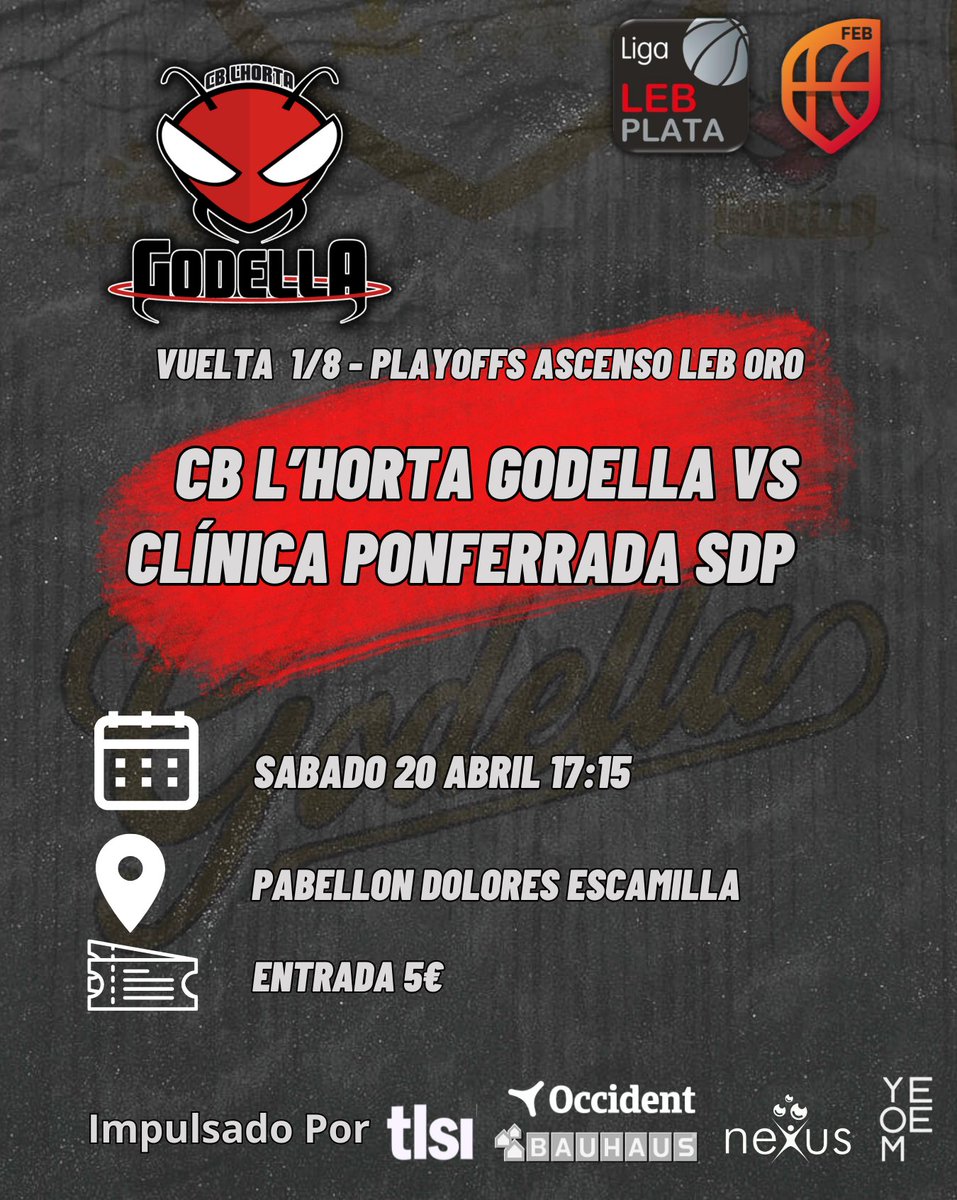 🔴⚪️ CB L'HORTA GODELLA Vuelta 1/8 Playoffs Ascenso LEB ORO 🆚 CLINICA PONFERRADA SDP @baloncestoSDP 🗓 FECHA: 20/04/24 HORA: 17:15 🏟 PABELLON DOLORES ESCAMILLA ¡SIENTE EL HORMIGUEO! #GoldMode #RedAnts #GOdella #wearegodella 🐜🏀💪🏼 @fbcv_es @Godella @baloncestoesp
