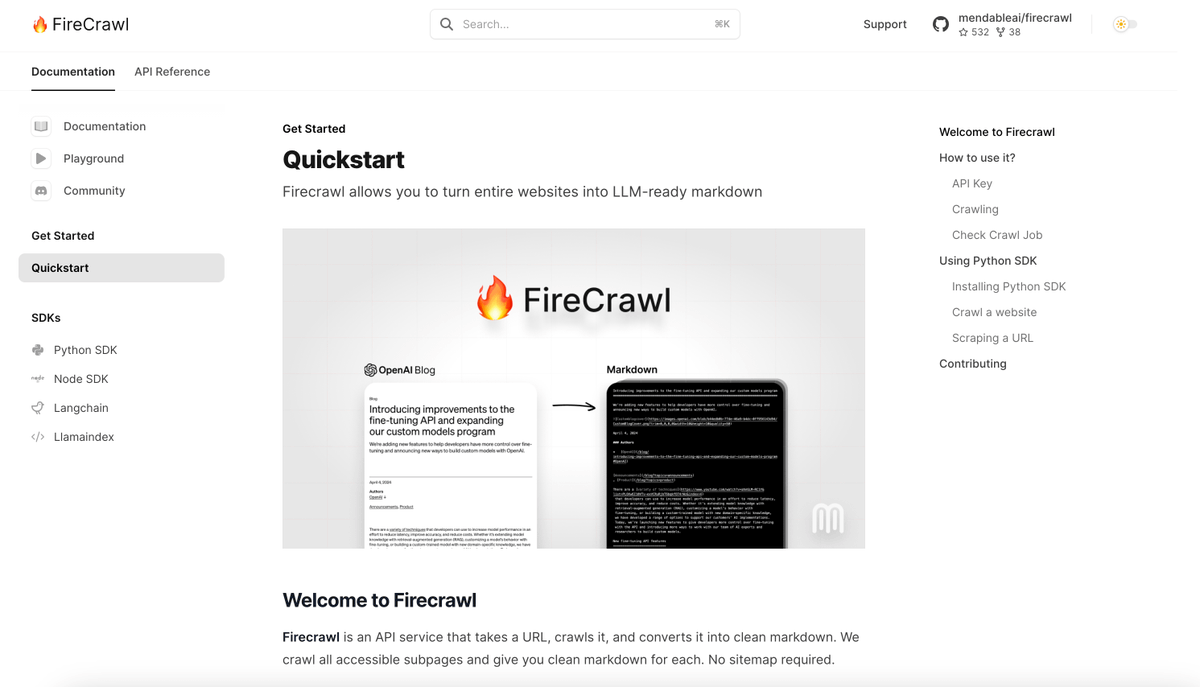 500 stars by Day 2 🤯 We're working hard to implement all the Firecrawl feedback Here is what we shipped today: 🧹 - Remove non content elements (option) 📄 - PDF parsing powered by @llama_index 🖼️ - Absolute paths on images 📁 - New docs website powered by @mintlify 🧵👇