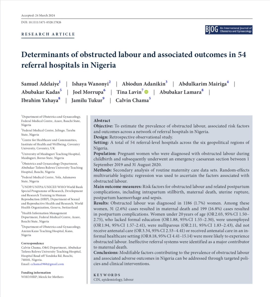The first study to report the prevalence and outcome of obstructed labour using a routine nationwide healthcare data from referral hospitals in Nigeria. 
obgyn.onlinelibrary.wiley.com/share/PKZ6SPYU…