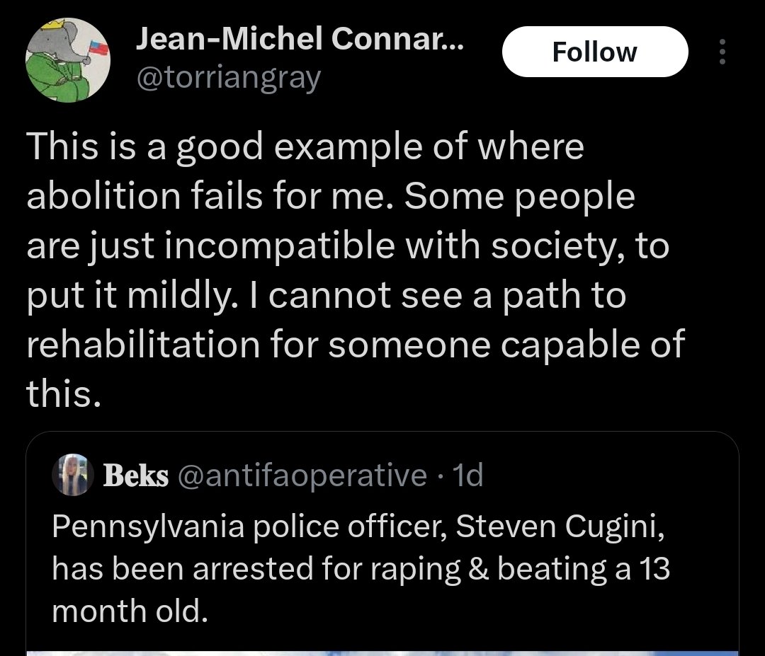 Using the example of a cop abusing power as proof that abolition is impractical is super funny because how do you think the cop got his hands on a child?

Abolition would rid the conditions and status that allows people in those higher positions to engage in abuse.