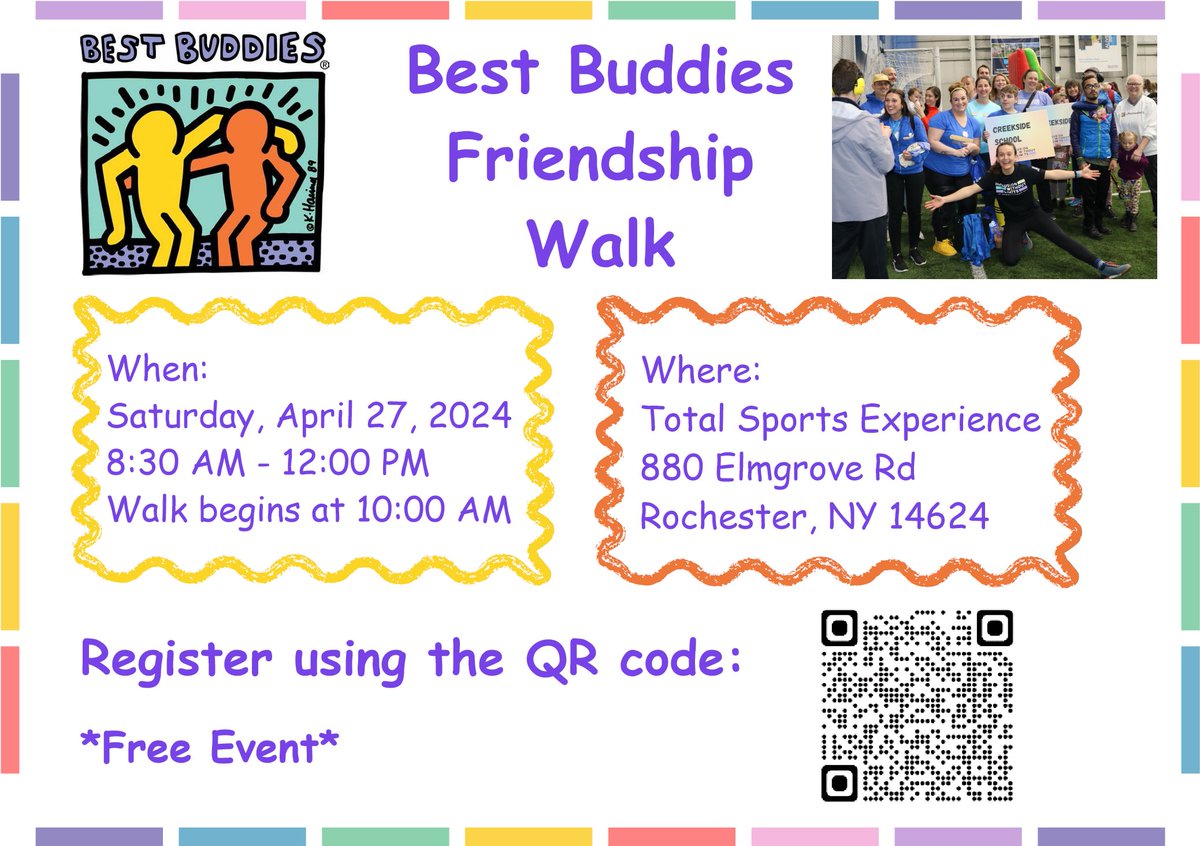 👟 The Best Buddies Friendship Walk is right around the corner, and we're encouraging the community to walk with us!

🎉 Join Creekside's team and help us celebrate inclusion! Use the QR code below and follow this link for more information: monroe.edu/site/default.a…

#ONEteam