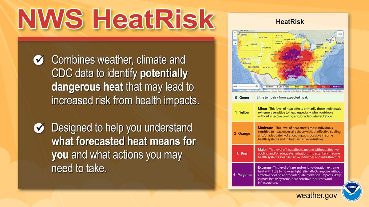 We're excited to announce the newly-expanded NWS HeatRisk! HeatRisk can help people understand what heat will mean for them, their families, and their community. Visit the interactive HeatRisk viewer: wpc.ncep.noaa.gov/heatrisk You can provide feedback at surveymonkey.com/r/ExpNWSHeatRi…