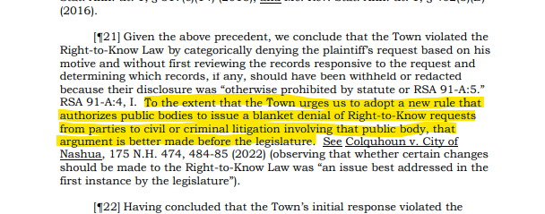 The N.H. Supreme Court just ruled in a public records case, finding that the Campton PD violated the Right-to-Know law (RSA 91-A) by raising a 'blanket denial' based on the requestor's motive / status as litigant in another matter. courts.nh.gov/sites/g/files/… 🧑🏻‍⚖️