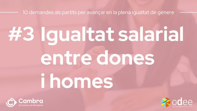 odeecambra's tweet photo. L'administració ha de vetllar pel compliment de la normativa dels plans d'igualtat empresarials i corregir la bretxa salarial.
✍️ Llegeix les 10 demandes de l'ODEE de la
@CambraBCN a les formacions que es disputaran les eleccions catalanes 12M!
👉https://t.co/1Ee27vaU5m https://t.co/PnkxsTBxxu