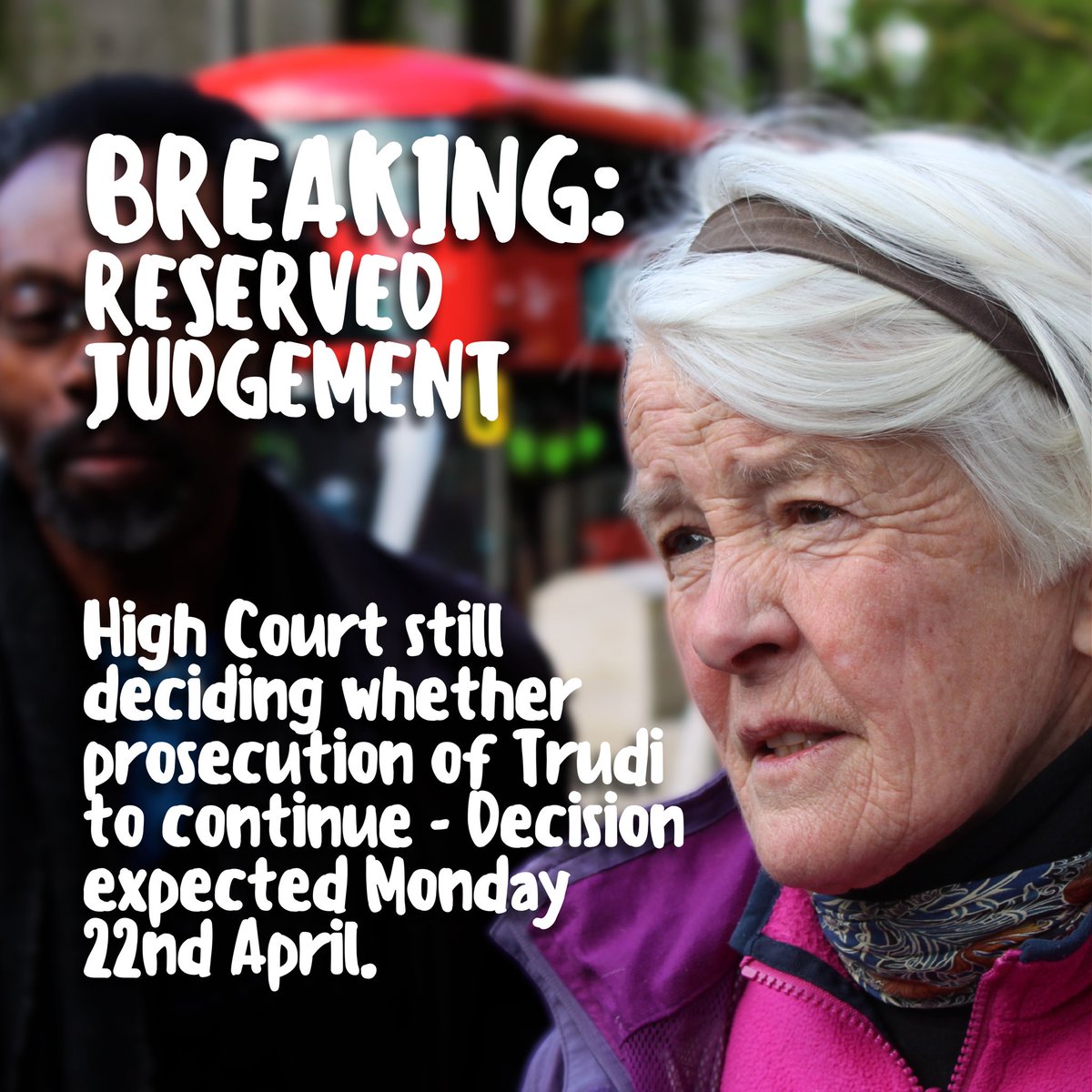 BREAKING: TRUDI WARNER HEARING The High Court has reserved judgment, meaning they are still deciding whether to prosecute Trudi or not. A decision is expected to be made on Monday 22nd April. #IAmTrudiWarner #ProsecuteMeToo #WeAreAllTrudiWarner #DefendOurJuries