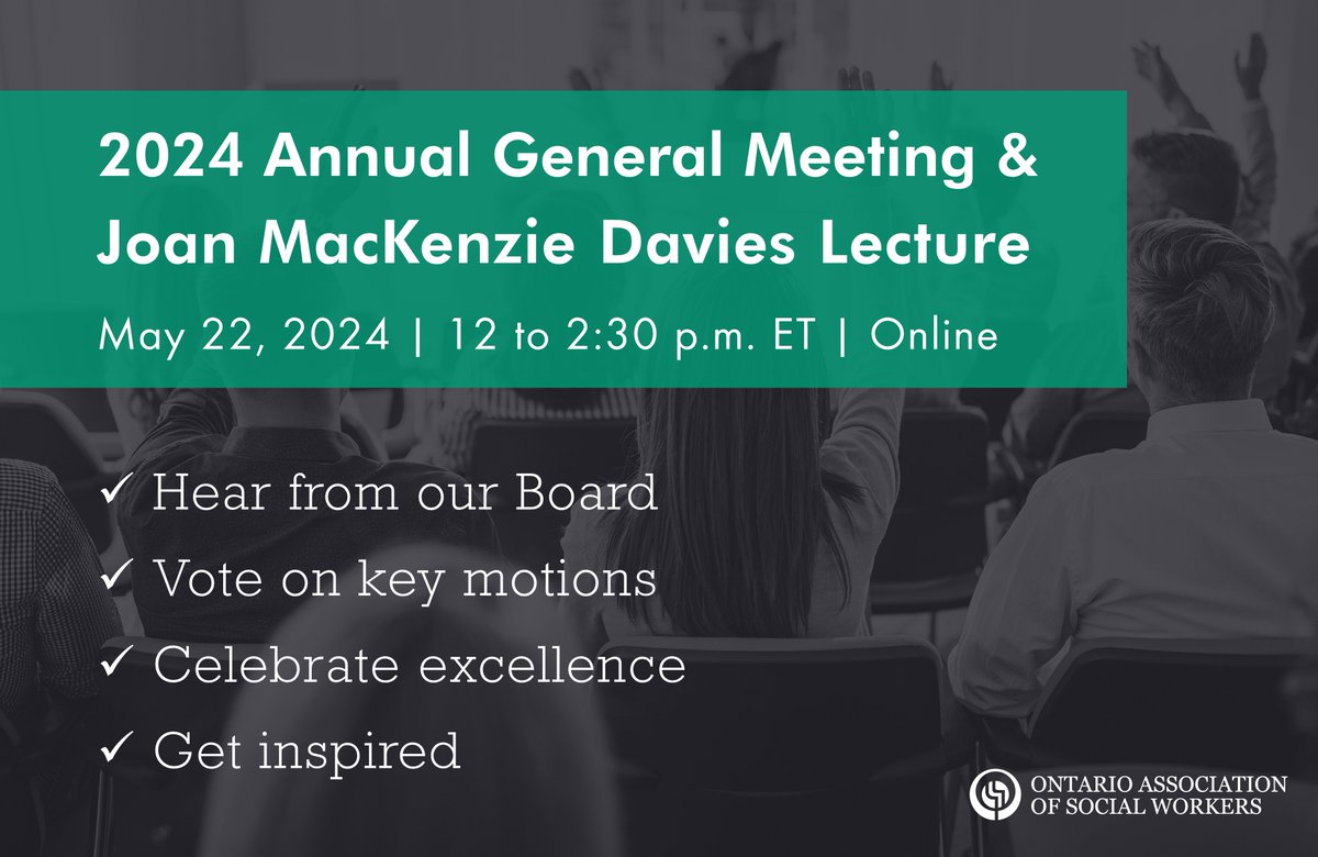 Calling all OASW Members! Our 2024 AGM is your chance to: 📢 Hear directly from our Board ✋ Vote on key motions and decisions 🏆 Celebrate #SocialWork excellence 💡 Get inspired with our keynote from Dr. Komal Bhasin Members can reserve their spot at oasw.org/AGM