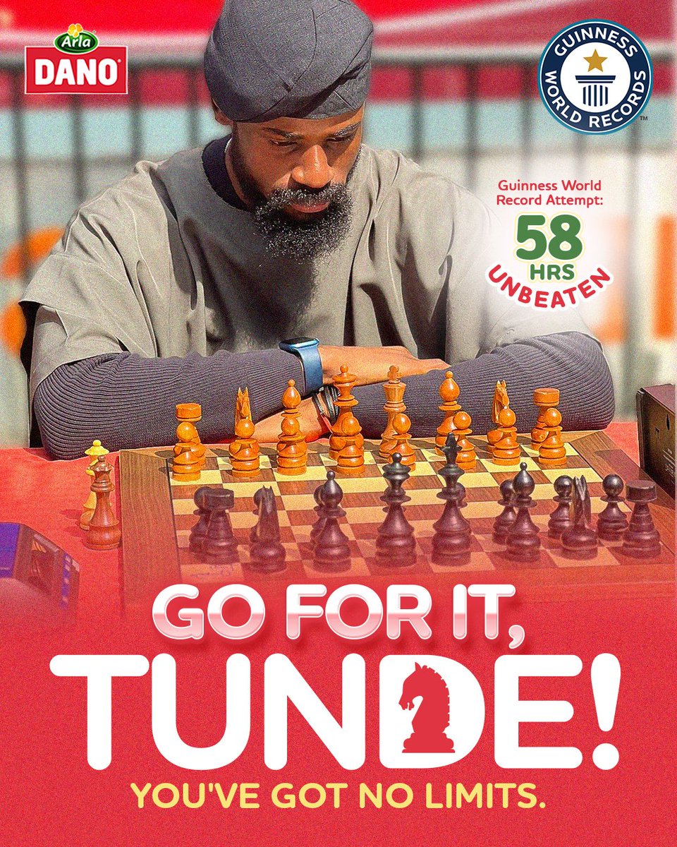 As a proud Guinness World Record holder, we join millions of Nigerians worldwide to support our very own @Tunde_OD as he attempts to break the Guinness World Record for the Longest Chess Marathon. ♟💪

#DanoMilk #GoForIt
#Tunde58hoursofChess #ChessMarathonForChange