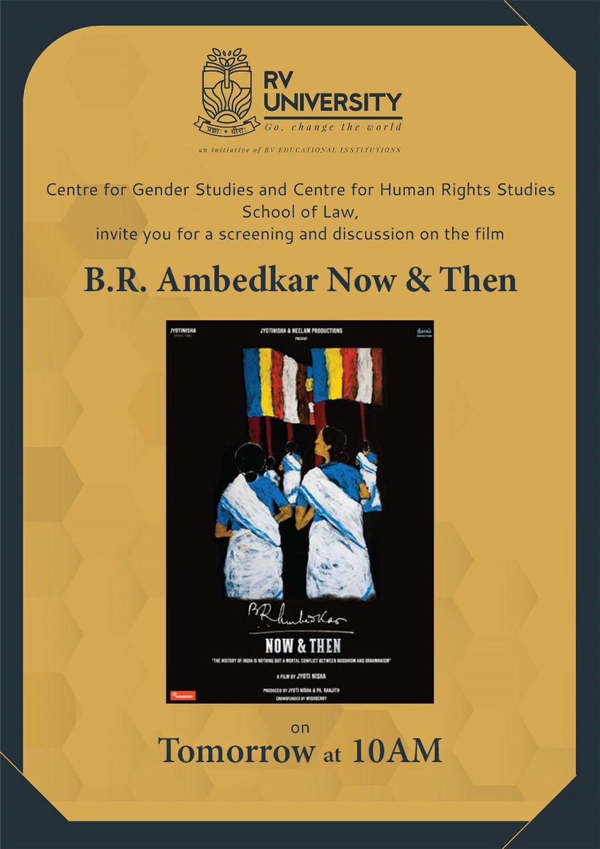 Join us tomorrow for a special screening of our @brantfilm1 B.R. Ambedkar Now & Then💙 in Bengaluru! Presented by the Centre for Gender Studies and Centre for Human Rights Studies. Venue: RV University, Bengaluru📍 A film by @JyotiNisha📽 Produced by #JyotiNisha & @beemji.