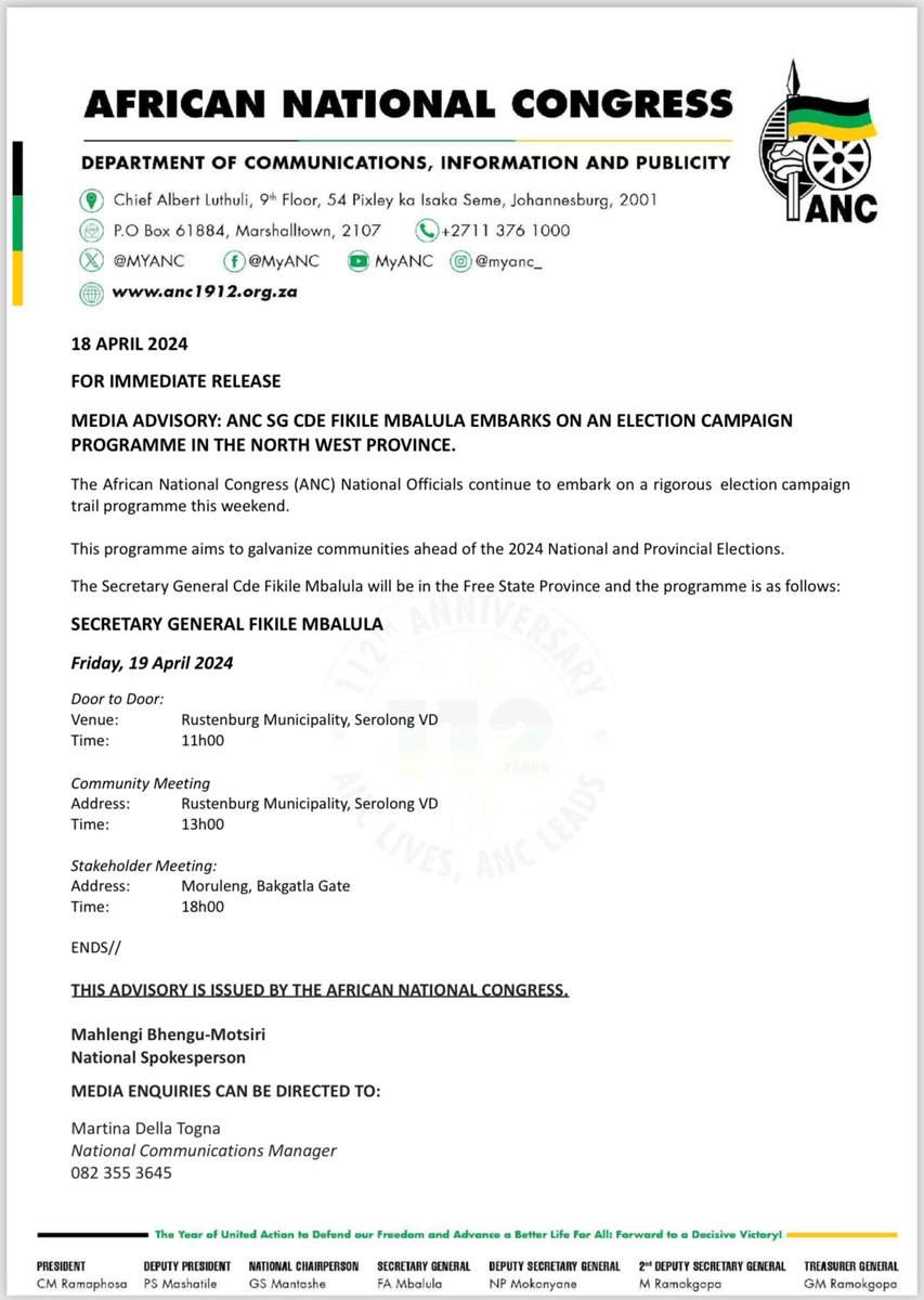 ON THE CAMPAIGN TRAIL ⚫️🟢🟡

Tomorrow I will be in the Bojanala Region, North West Province, working towards a decisive victory in the upcoming elections. 
#VoteANC2024
#LetsDoMoreTogether