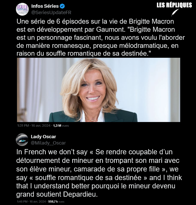 Retracer 'la trajectoire romanesque de la Première dame': l’écriture d’une série de fiction consacrée à Brigitte Macron a débuté, a annoncé mardi @Gaumont, qui n’en a pas encore choisi le casting @Milady__Oscar